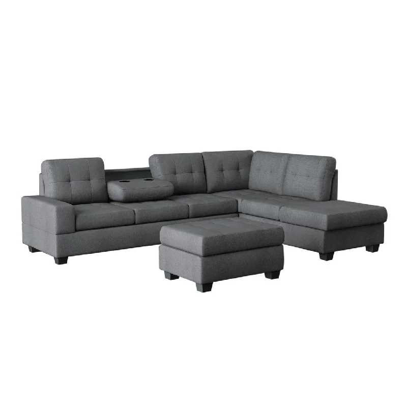 Homelegance (3)3-Piece Reversible Sectional with Drop-Down Cup Holders and Storage Ottoman