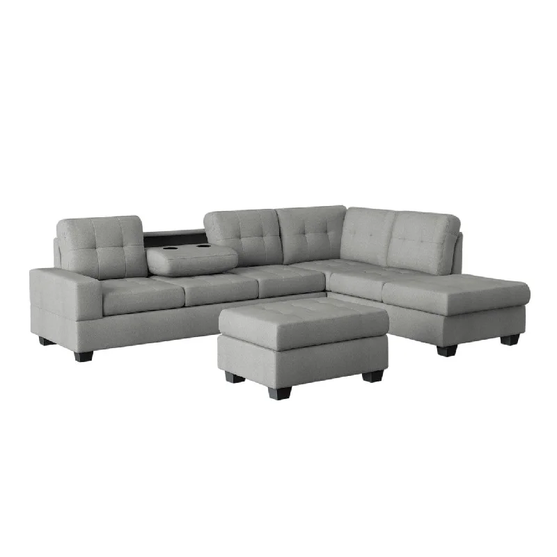 Homelegance (3)3-Piece Reversible Sectional with Drop-Down Cup Holders and Storage Ottoman