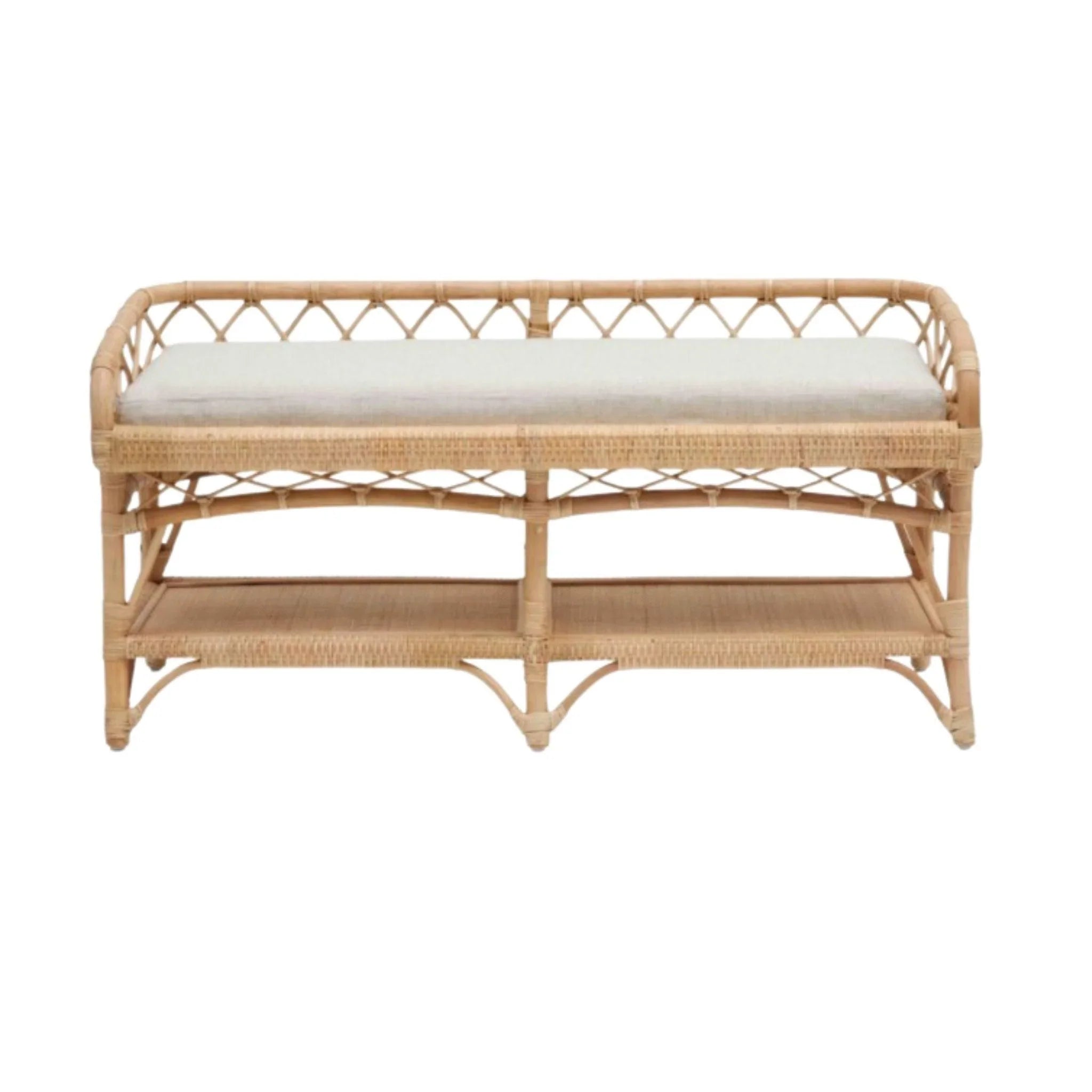 48" Natural Rattan Bench With Cream Cushion