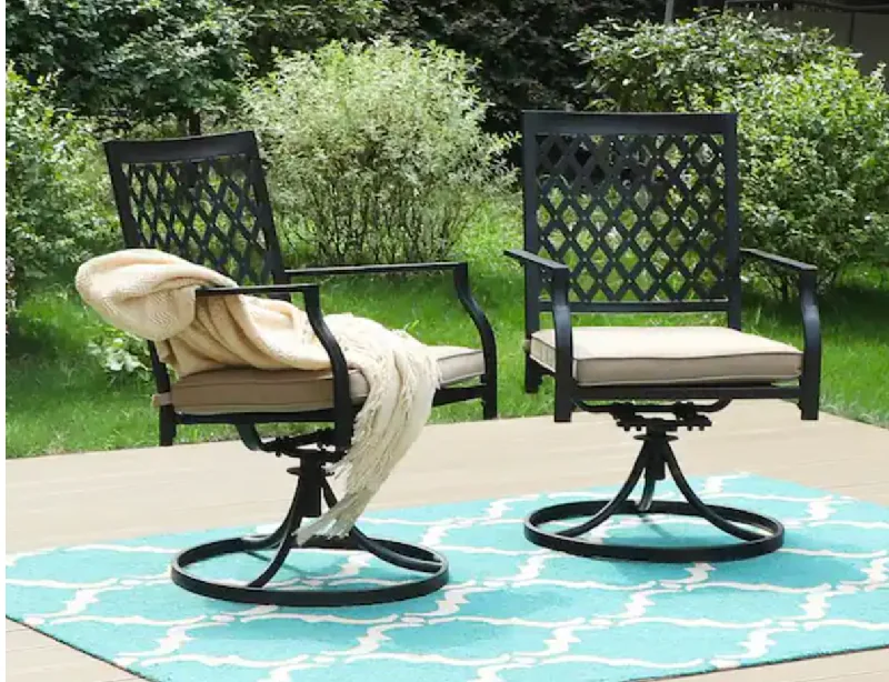 Phi Villa Black Metal Elegant Patio Outdoor Dining Swivel Chair with Beige Cushion (2-Pack)-$140