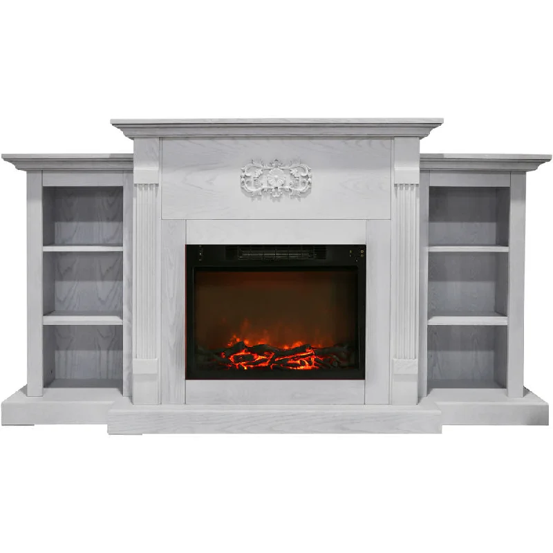 Cambridge Sanoma 72 In. Electric Fireplace in White with Built-in Bookshelves and a 1500W Charred Log Insert