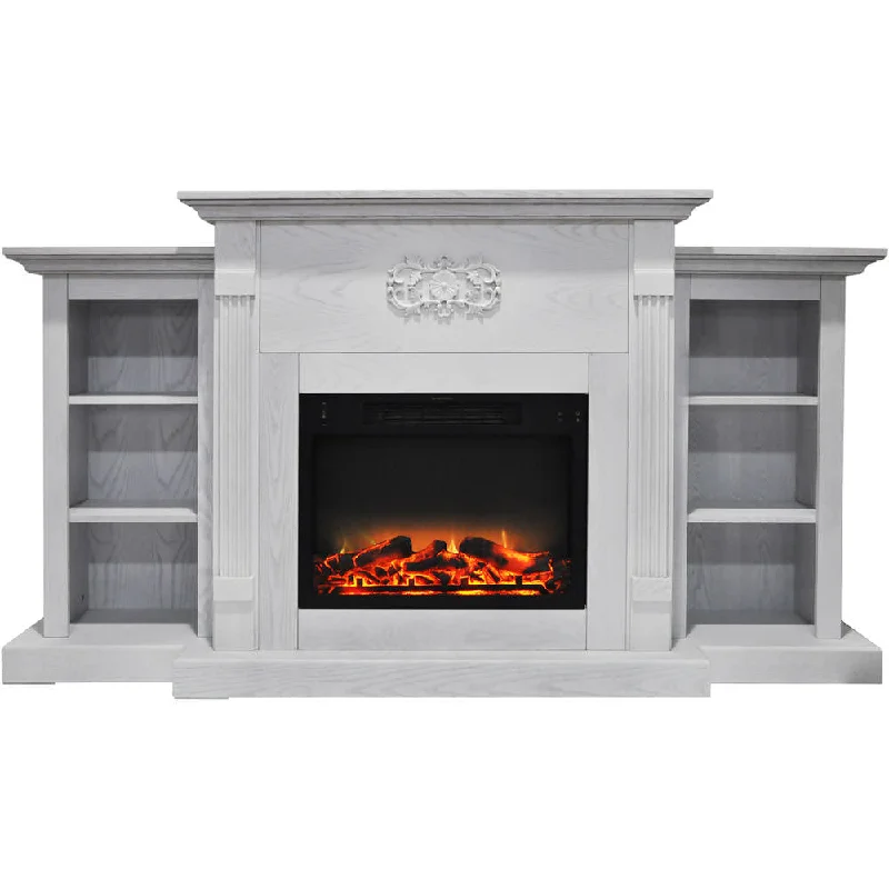 Cambridge Sanoma 72 In. Electric Fireplace in White with Built-in Bookshelves and an Enhanced Log Display