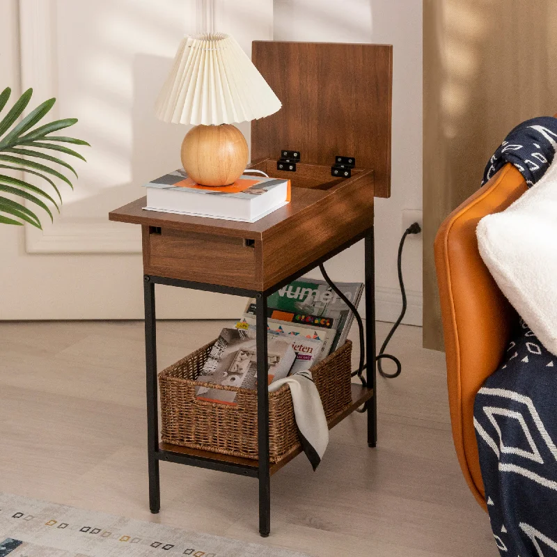 Flip Top End Table with Storage and Built-In Outlets