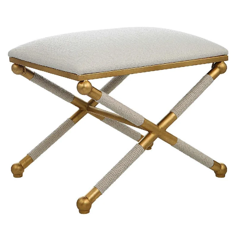 Gold Leaf Small Bench with White Upholstery