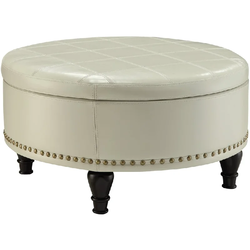 INSPIRED by Bassett Augusta Round Mid-Century Wood / Bonded Leather Ottoman With Inner Storage Cream