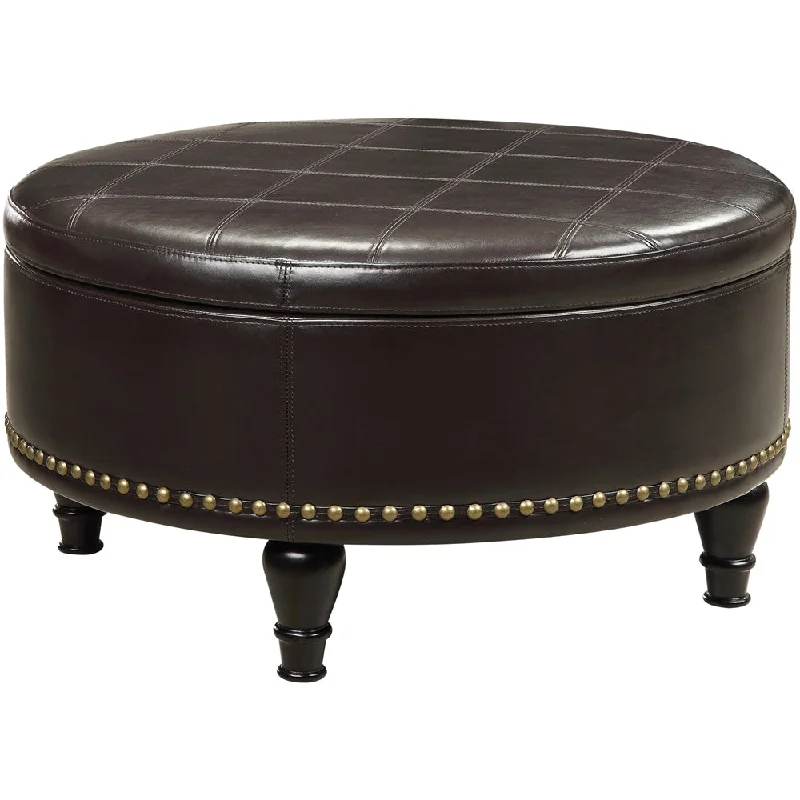 INSPIRED by Bassett Augusta Round Mid-Century Wood / Bonded Leather Ottoman With Inner Storage Espresso