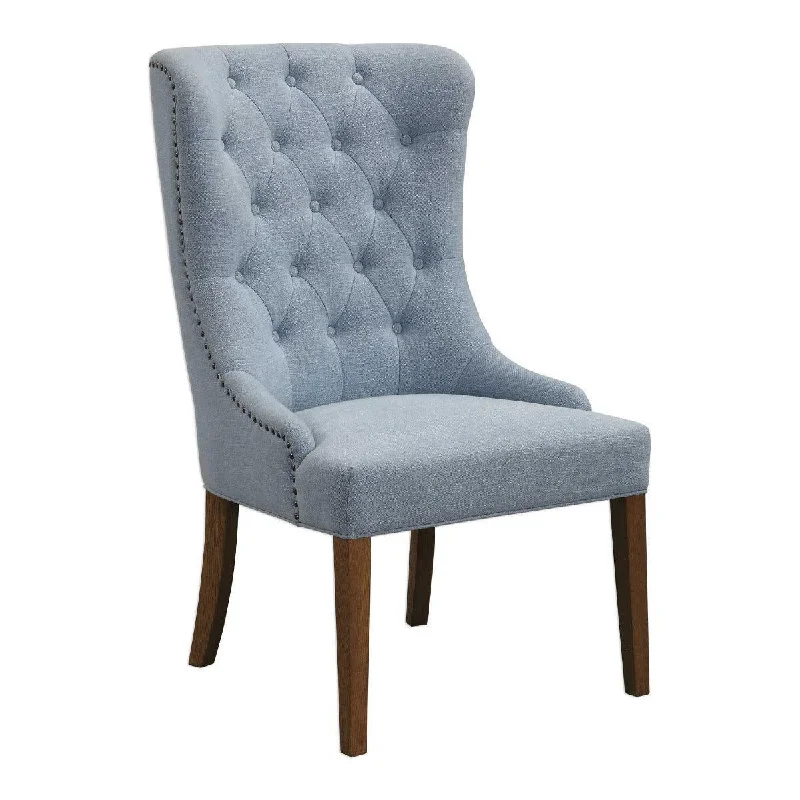 Light Slate Blue Button Tufted Wing Chair with Bronze Nail Head Trim