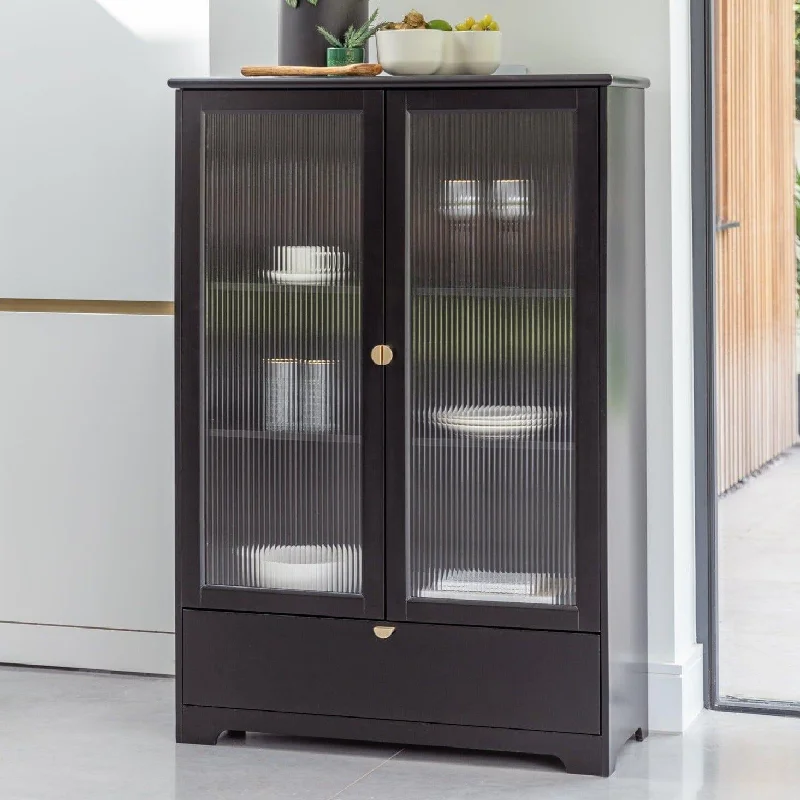 Lua Tall Cabinet in Noir Black with Fluted Glass