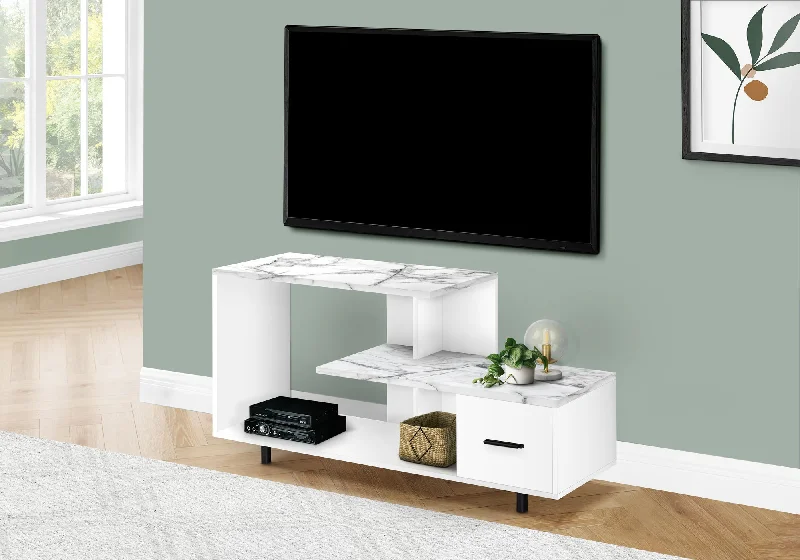 Monarch Tv Stand 48"L White White Marble Top 1 Drawer