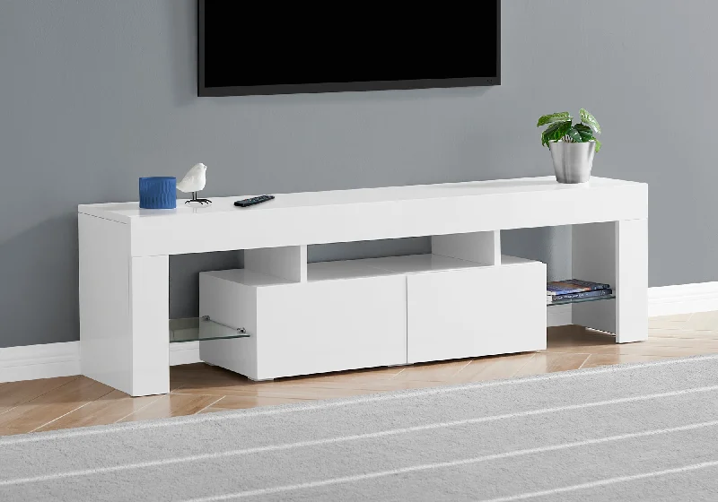 Monarch Tv Stand 63"L High Glossy White With Tempered Glass