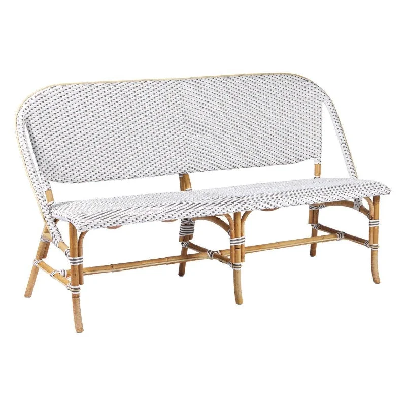 Natural Rattan Bench in White With Cappuccino Dots