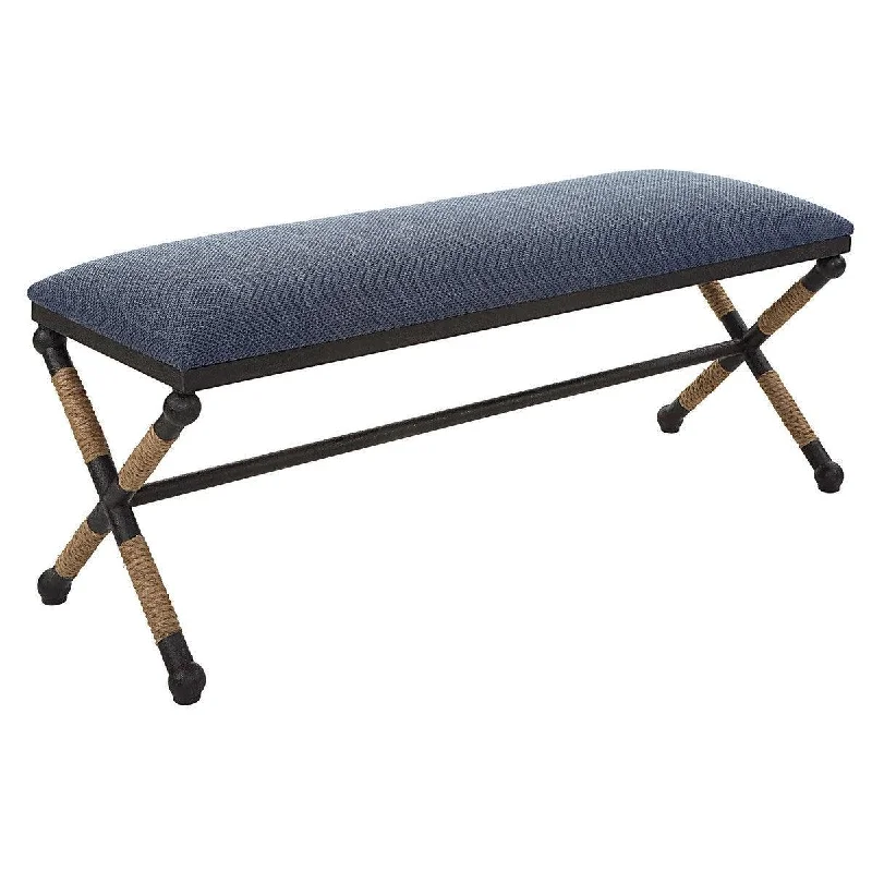 Navy Upholstered Rustic Iron Framed Bench