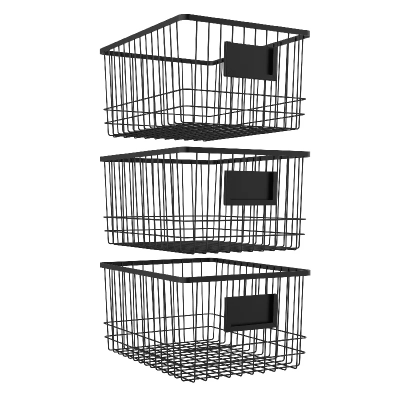 Oceanstar Metal Wire Organizer Bin Basket with Card Holder, Set of 3, Black - WBH1903