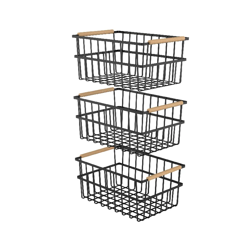 Oceanstar Metal Wire Organizer Bin Basket with Handles, Set of 3, Black - WBHB1910