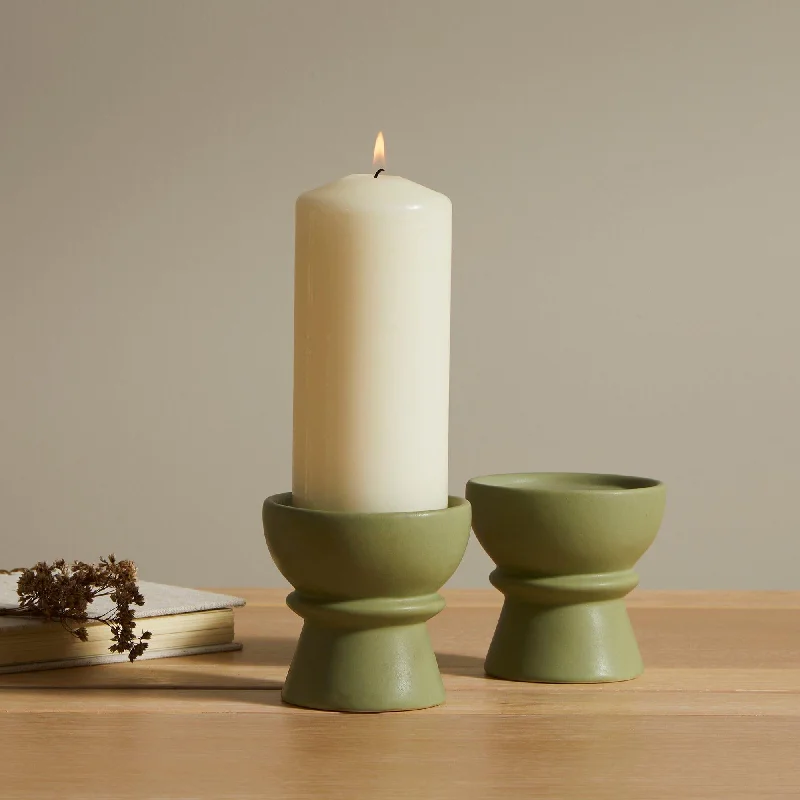 Ackton 9cm Ceramic Pillar Candle Holder Set of 2 - Sage Green