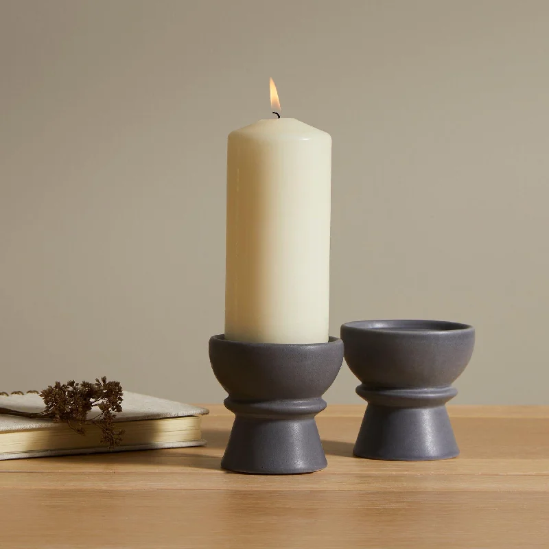 Ackton 9cm Ceramic Pillar Candle Holder - Set of 2 - Grey