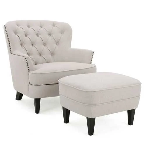 Natural Mid-Century Tufted Upholstered Club Armchair with Ottoman