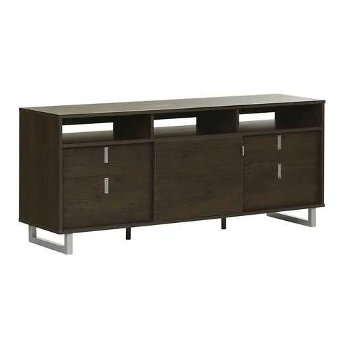 Contemporary TV Stand in Brown Oak Finish and Satin Nickel Metal Legs