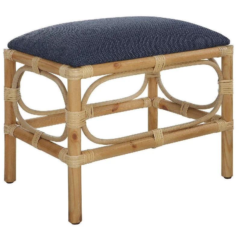 Rattan Wrapped Small Wooden Bench With Navy Upholstered Seat