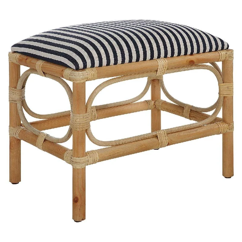 Rattan Wrapped Small Wooden Bench With Navy & White Striped Upholstered Seat