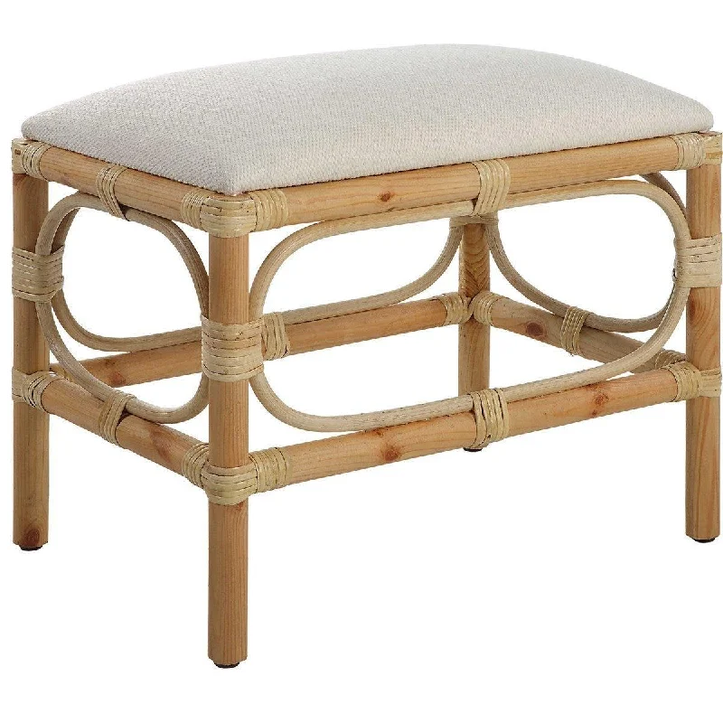 Rattan Wrapped Small Wooden Bench With White Textured Upholstered Seat