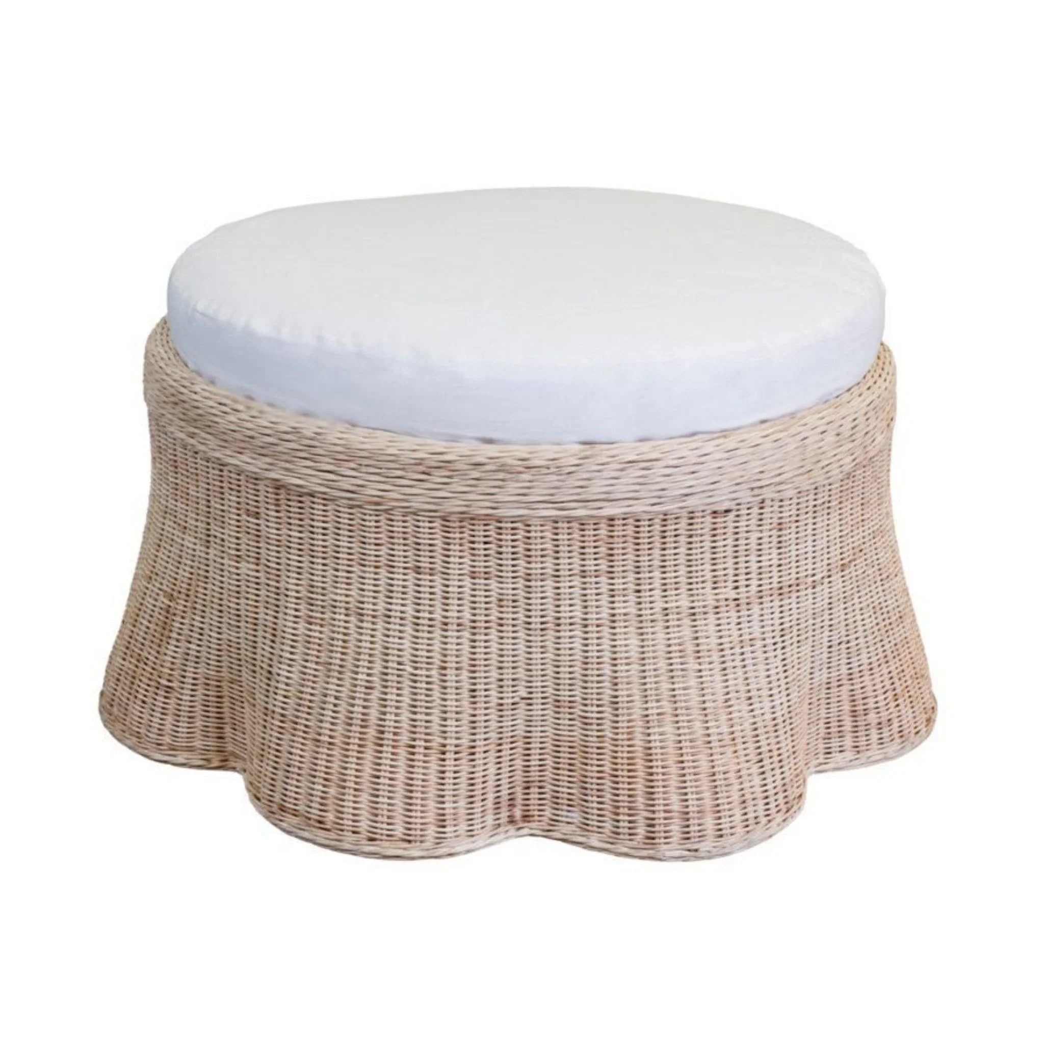 Scalloped Large Round Upholstered Wicker Ottoman