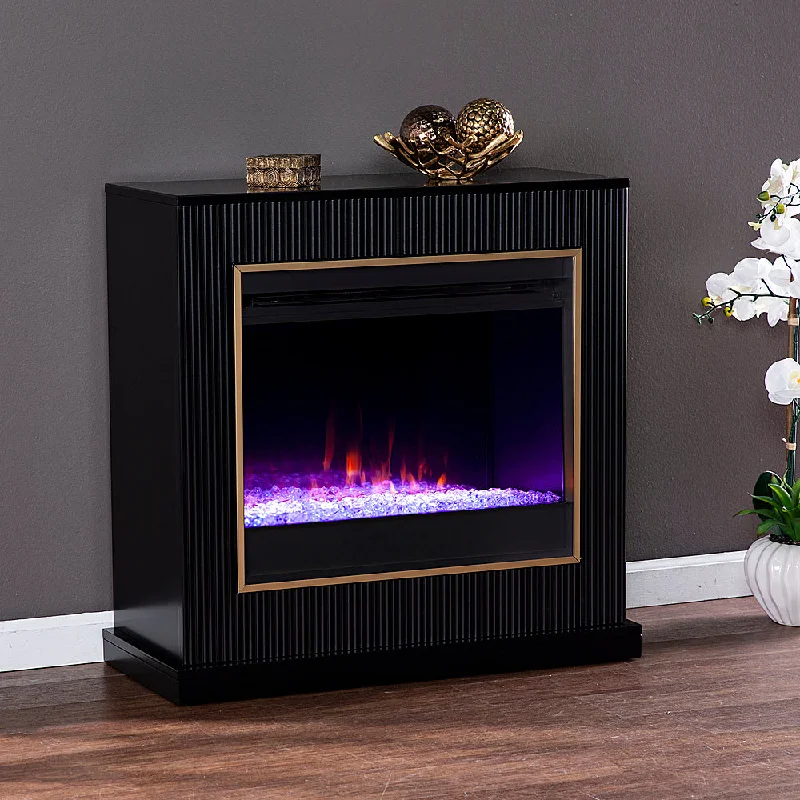 SEI Furniture - Crittenly Color Changing Electric Fireplace - Black finish w/ gold trim