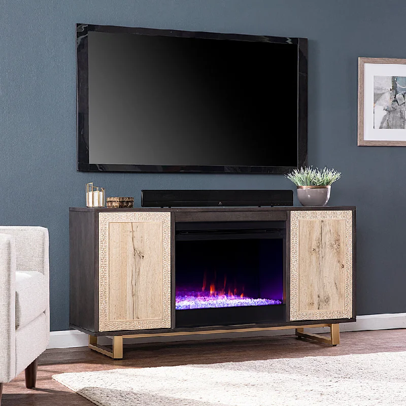 SEI Wilconia Color Changing Fireplace w/ Media Storage and Carved Details Dark brown natural and gold finish