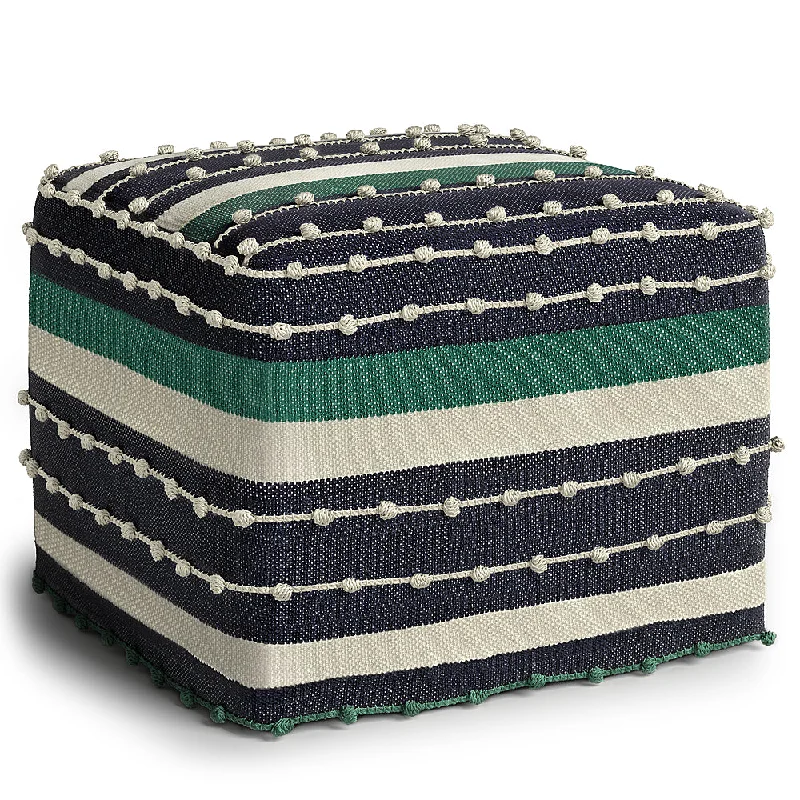 Simpli Home - Barker Square Woven Pouf - Navy Teal and White