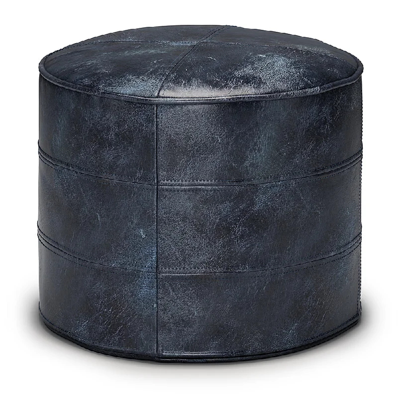 Simpli Home - Connor Round Pouf - Distressed Navy Blue