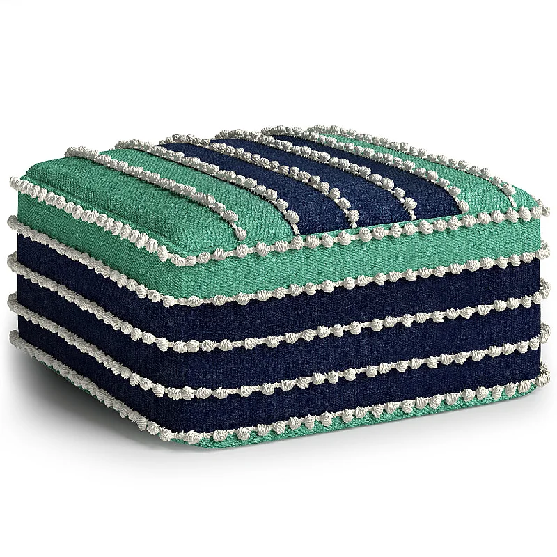 Simpli Home - Garbo Square Woven Pouf - Aqua  Navy and White