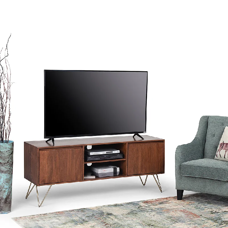 Simpli Home Hunter SOLID MANGO WOOD 60 inch Wide Industrial Contemporary TV Media Stand in Umber Brown Stain For TVs up to 65 inches Umber Brown Stain