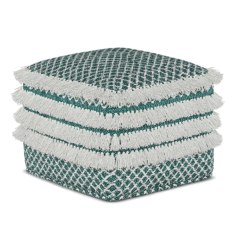 Simpli Home - Leah Square Woven Pouf - Turquoise and White