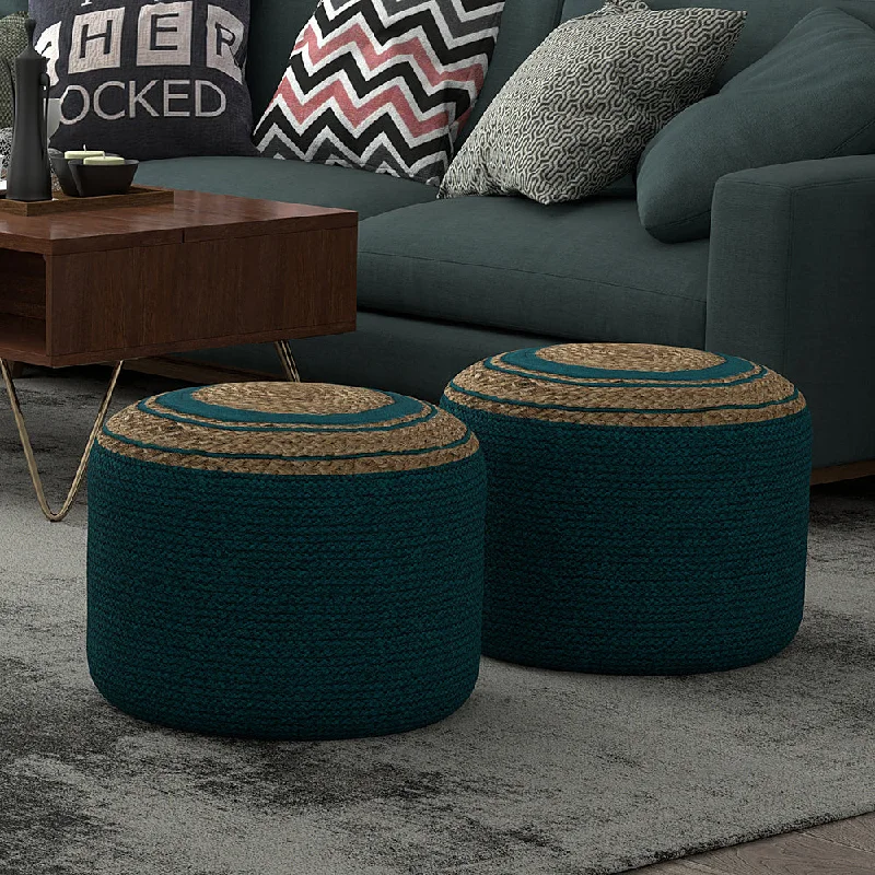 Simpli Home - Serena Round Braided Pouf - Deep Aqua