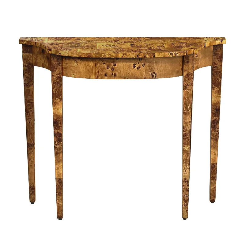 Traditional Burl Demilune Console Table in Medium Brown