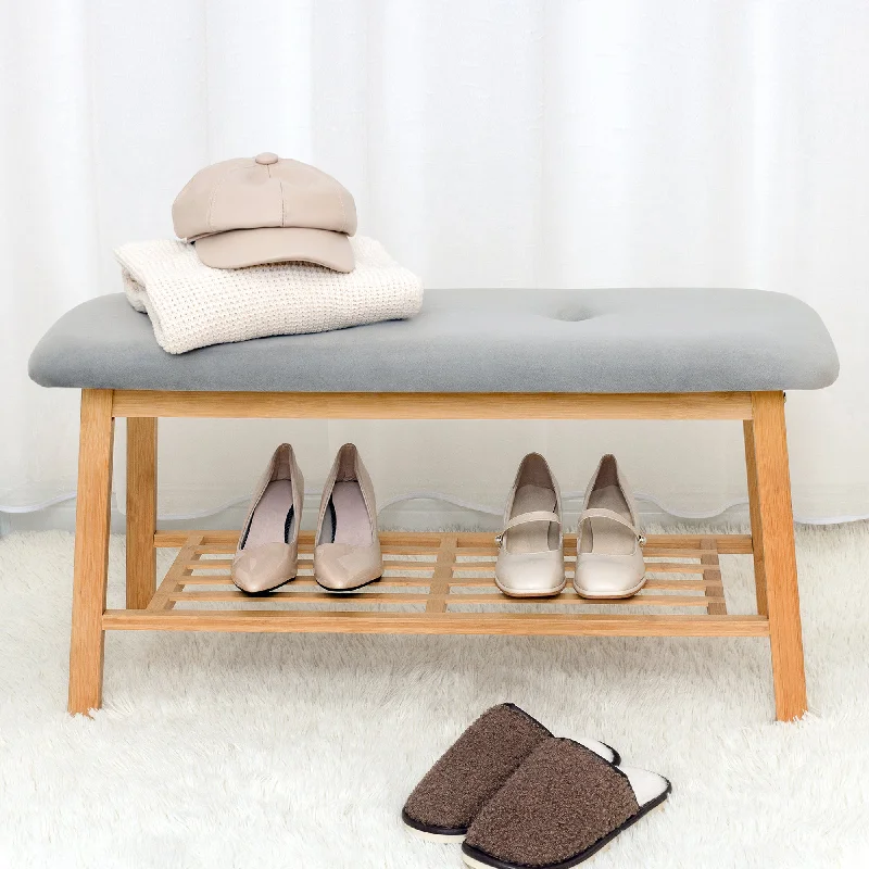 Tufted Fabric Bench Ottoman Bench with Storage Shelf