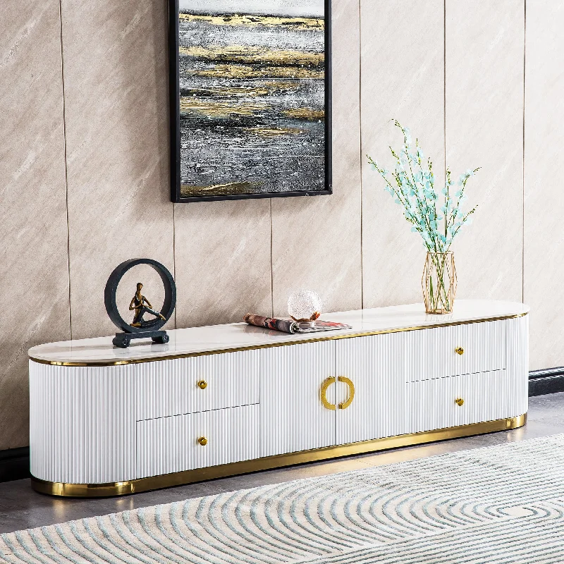 TV008 Modern White Lacquer TV Stand with Gold Stainless Steel Base