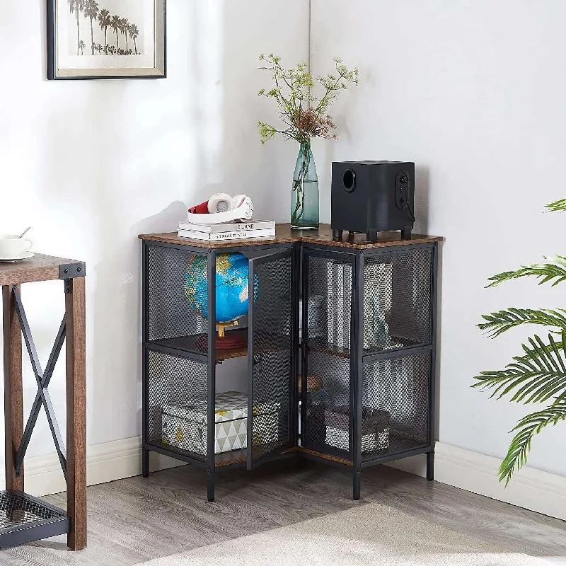 VECELO 3 Tier Corner Cabinet with Doors and Storage Shelves, Industrial TV Multipurpose Free-Standing Table