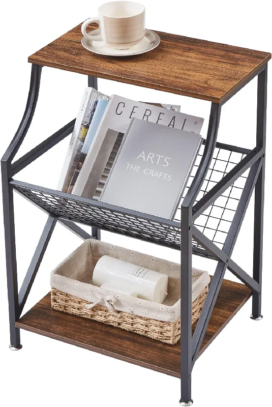 VECELO 3-Tier End Table with Storage Magazine Holder