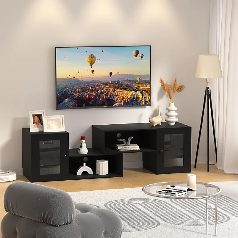 VECELO Deformable TV Stand with LED Strip & Power Outlet & Storage Cabinets Entertainment Center