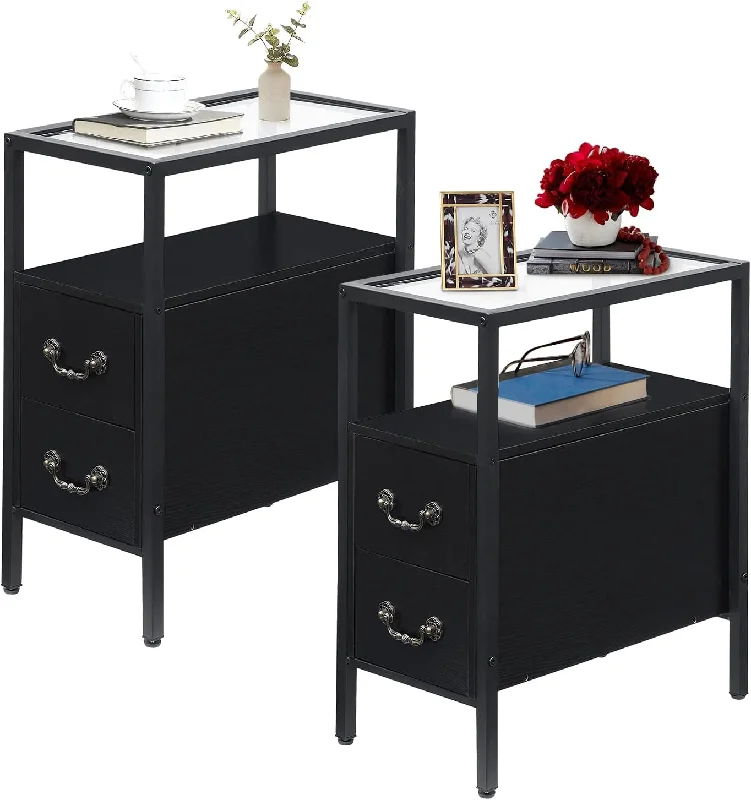 VECELO Narrow End Side Table/Nightstand with 2 Drawers & Open Shelf & Tempered Glass Top