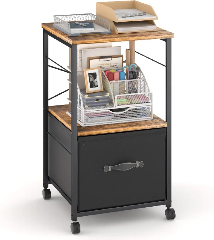 VECELO File Cabinet with Open Storage Shelf, Rolling Printer Stand with Large Fabric Drawer