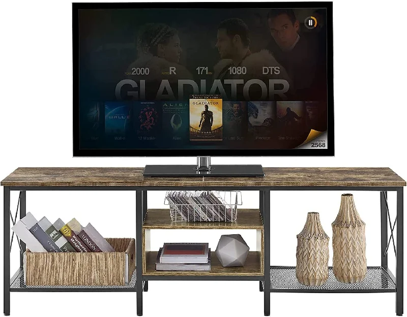 VECELO Industrial TV Stand Television Cabinet 3-Tier Console with Open Storage Shelves, Entertainment Center with Metal Frame for Living Room