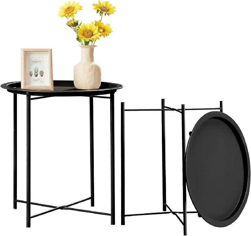 VECELO Metal Round End/Side Table with Removable Tray Small Folding Anti-Rust Nightstand