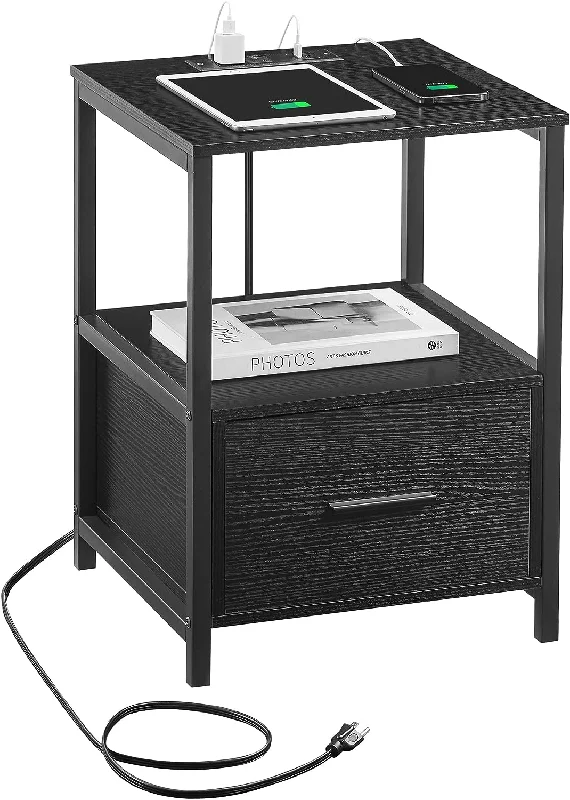 VECELO Modern Nightstand with Charging Station and USB Ports End Side Table