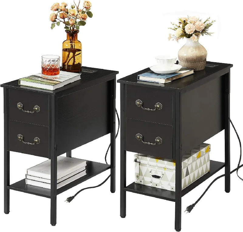 VECELO End Tables,Narrow Nightstands with Charging Station & USB Ports &Drawers