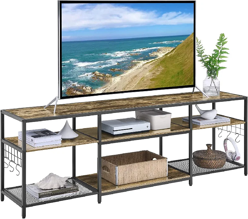 VECELO TV Stand Entertainment Center Media Console with 3-Tier Open Storage Shelves, Cabinet Table for Living Room Brown