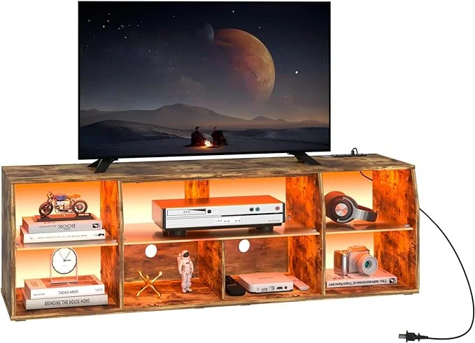 VECELO TV Stand with LED Strip & Power Outlets, Industrial Entertainment Center