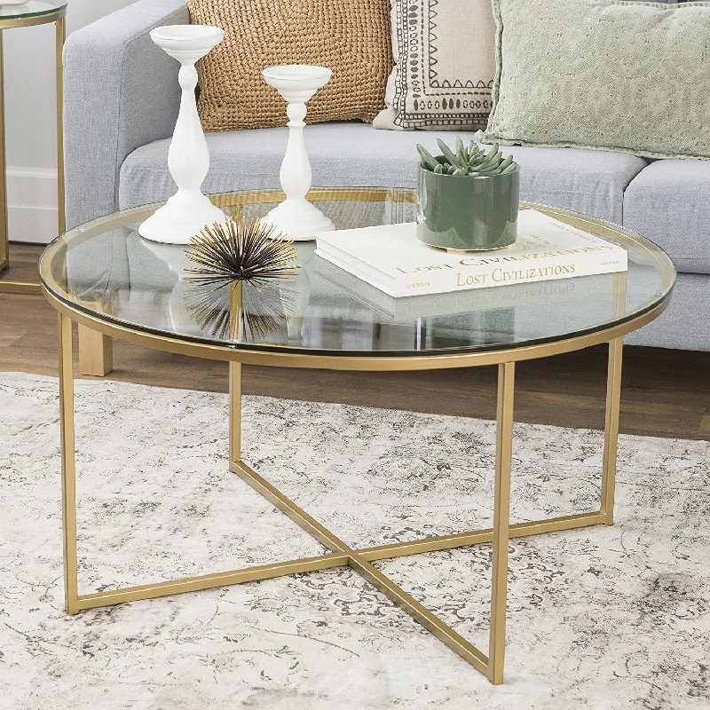 Walker Edison 36" Coffee Table with X-Base - Glass/Gold