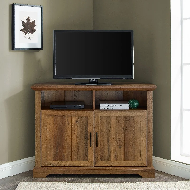 Walker Edison 44" Grooved Door Corner TV Console - Reclaimed Barnwood